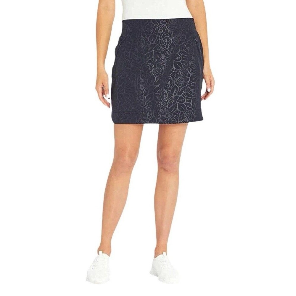 Orvis Womens Travel Skort Black Roses Embossed Mini Zip Pockets Elastic Waist S